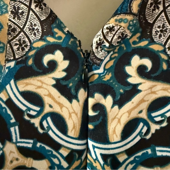 7th Ave Design Studio New York & Company Blue and Gold Patterned Peplum Blouse - Picture 5 of 7